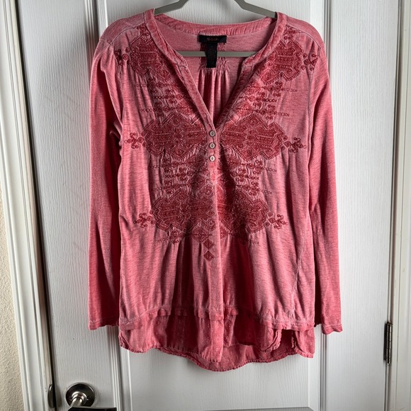 Style & Co. Tops - Style & Co Pink Embroidered Henley Top Roll Tab Sleeve Smocked Back Medium